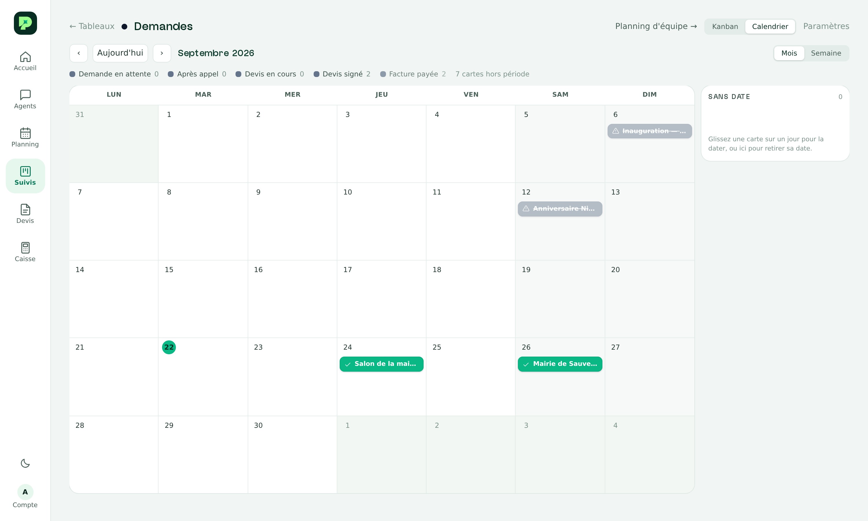 Le même tableau en vue calendrier