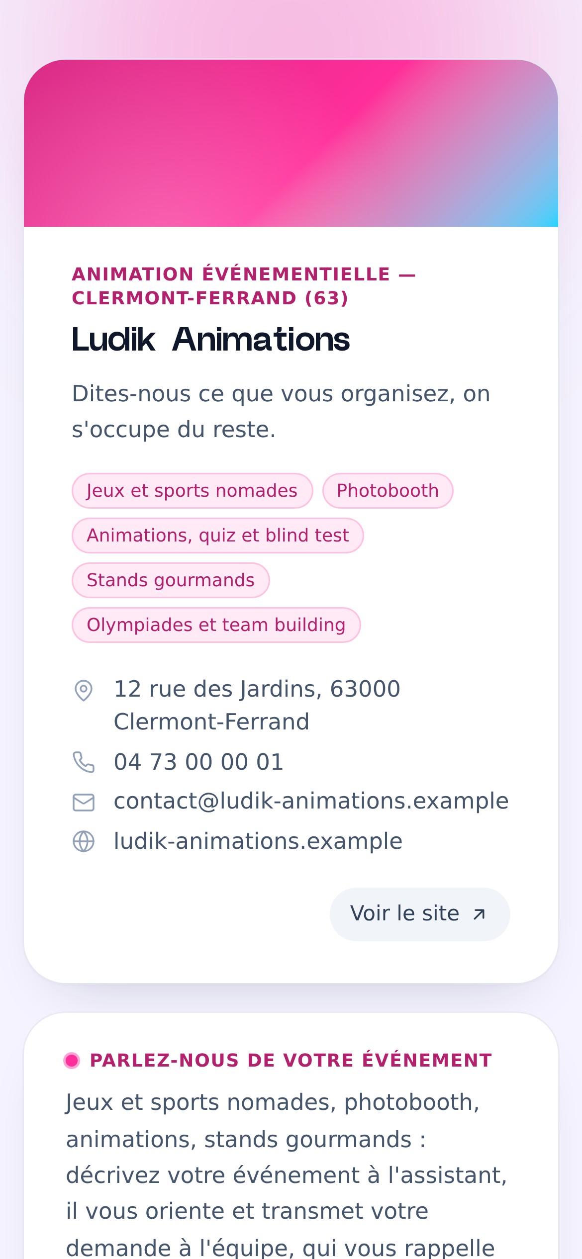 Vitrine publique sur téléphone : coordonnées, prestations et assistant