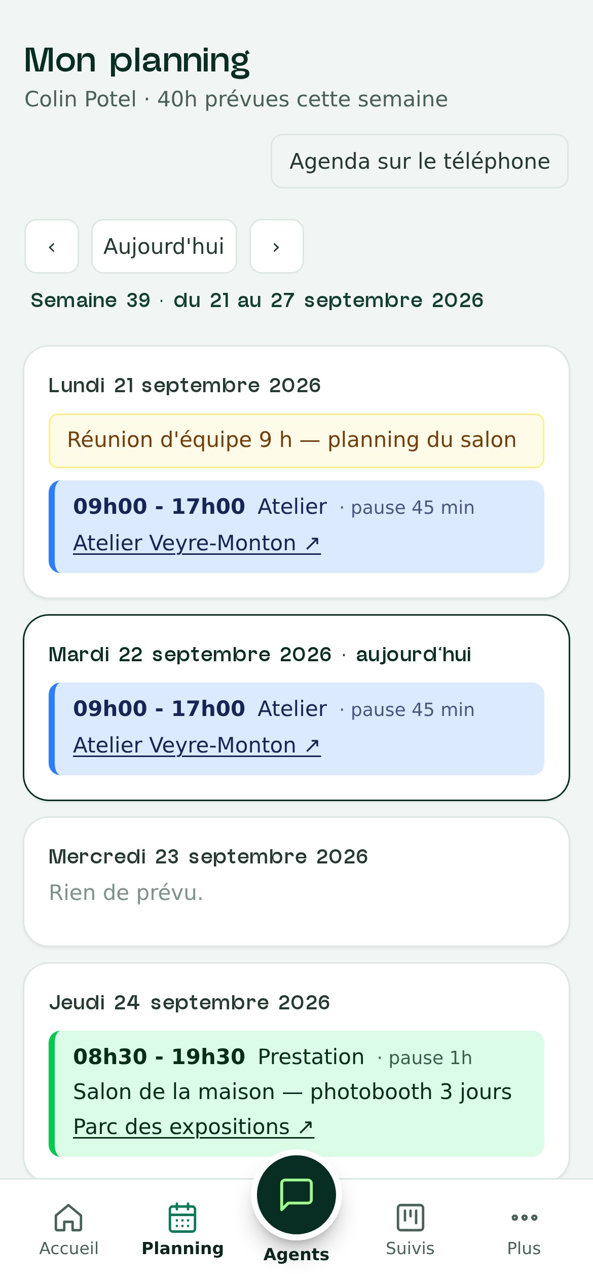 Mon planning sur téléphone