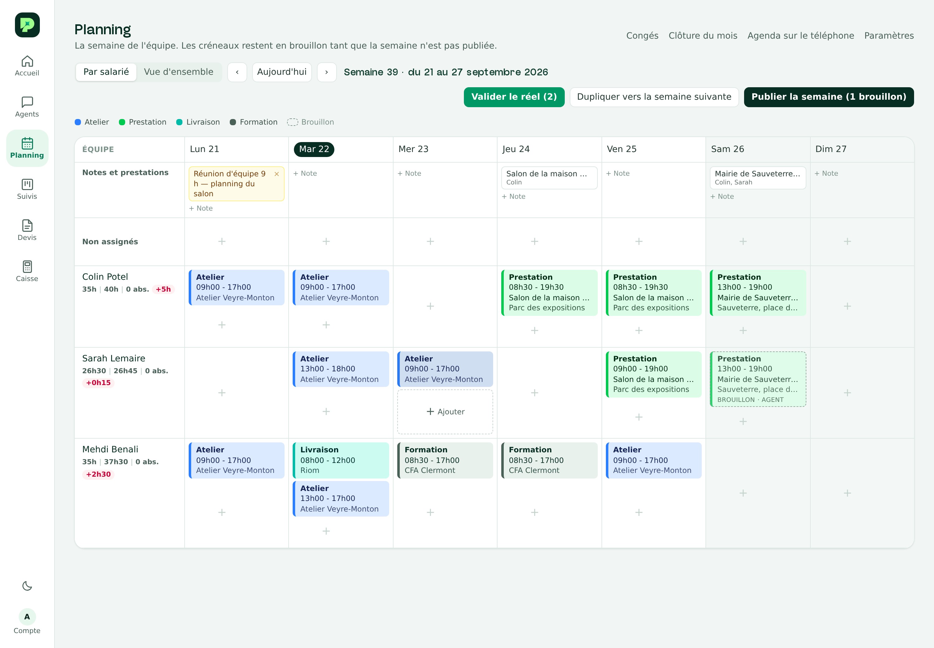 Planning de la semaine, une ligne par salarié